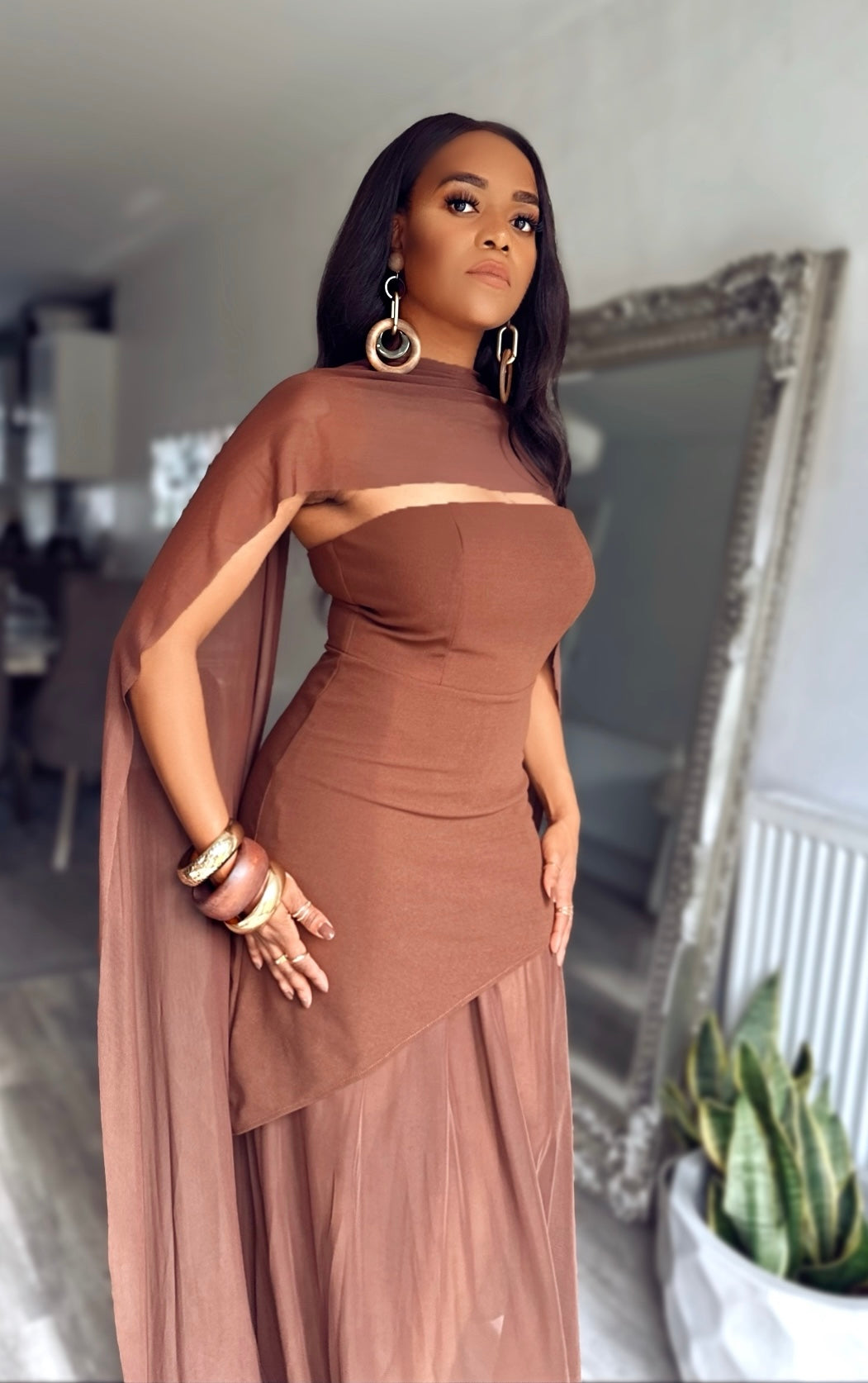 Chocolate Brown Sheer Mesh Evening Dress