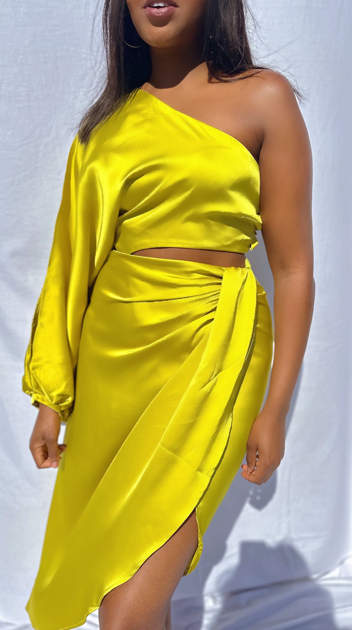 Asymmetrical Satin Cut-Out Mustard Yellow Wrap Dress – Soul Official UK