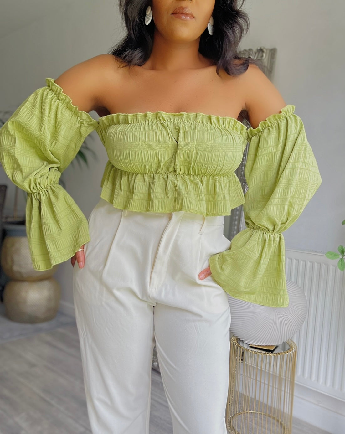 Off the shoulder Ruffle Hem crop top