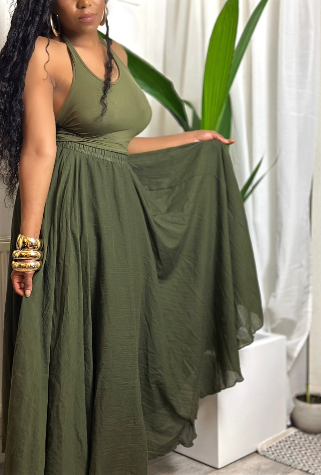 Olive Green Cotton Maxi Skirt