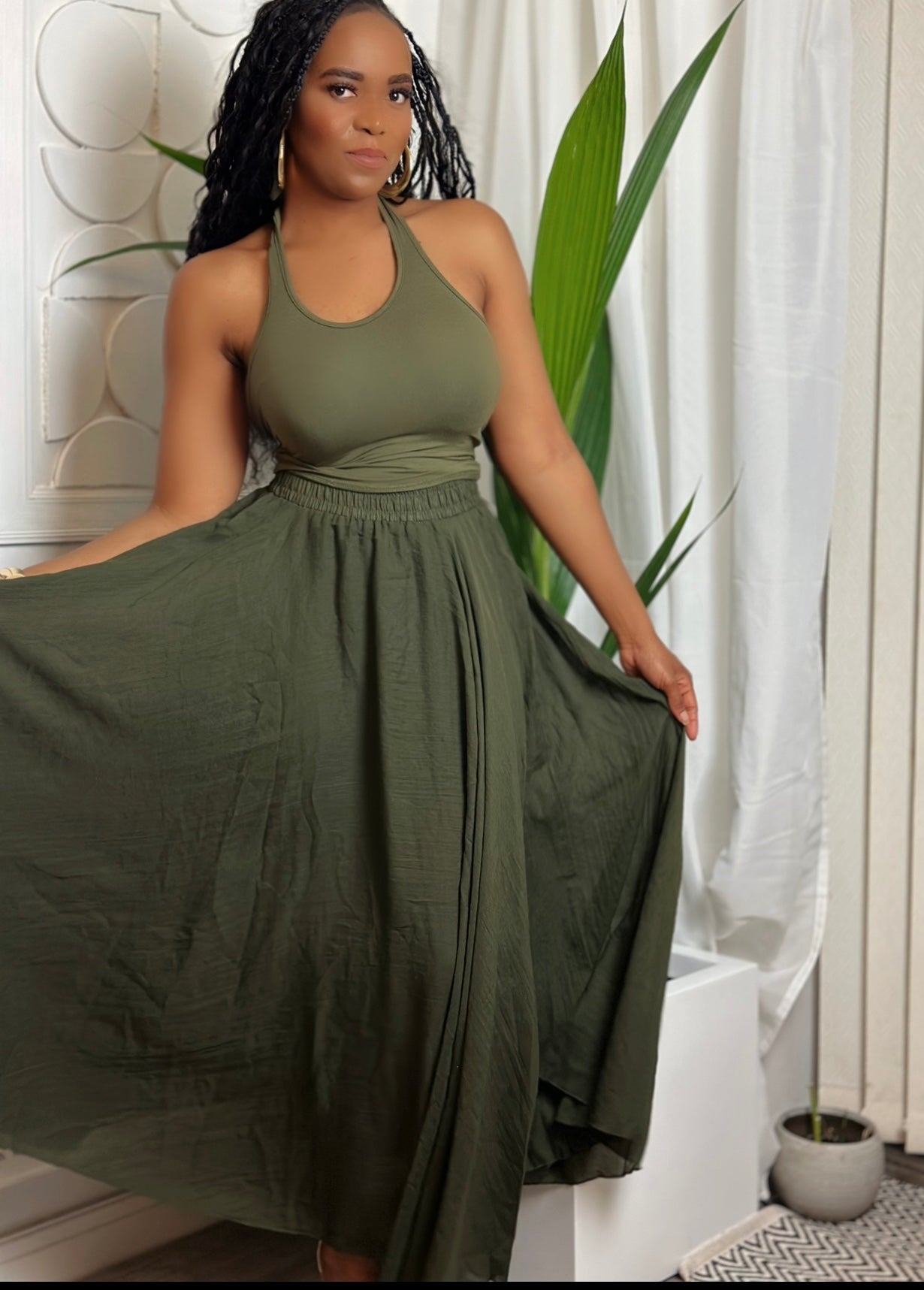 Olive Green Cotton Maxi Skirt