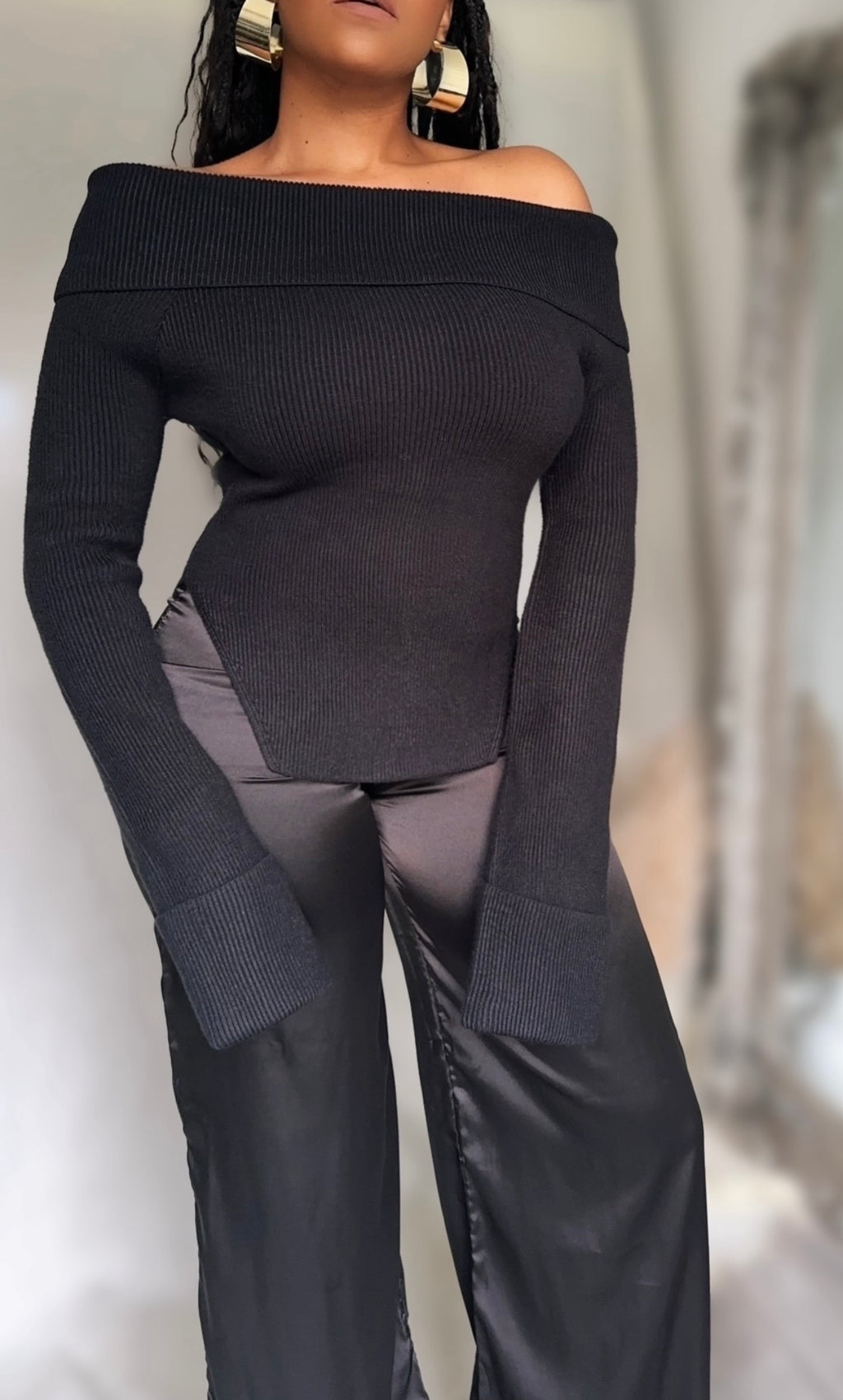 Ribbed Knit Off Shoulder Super Long Sleeves