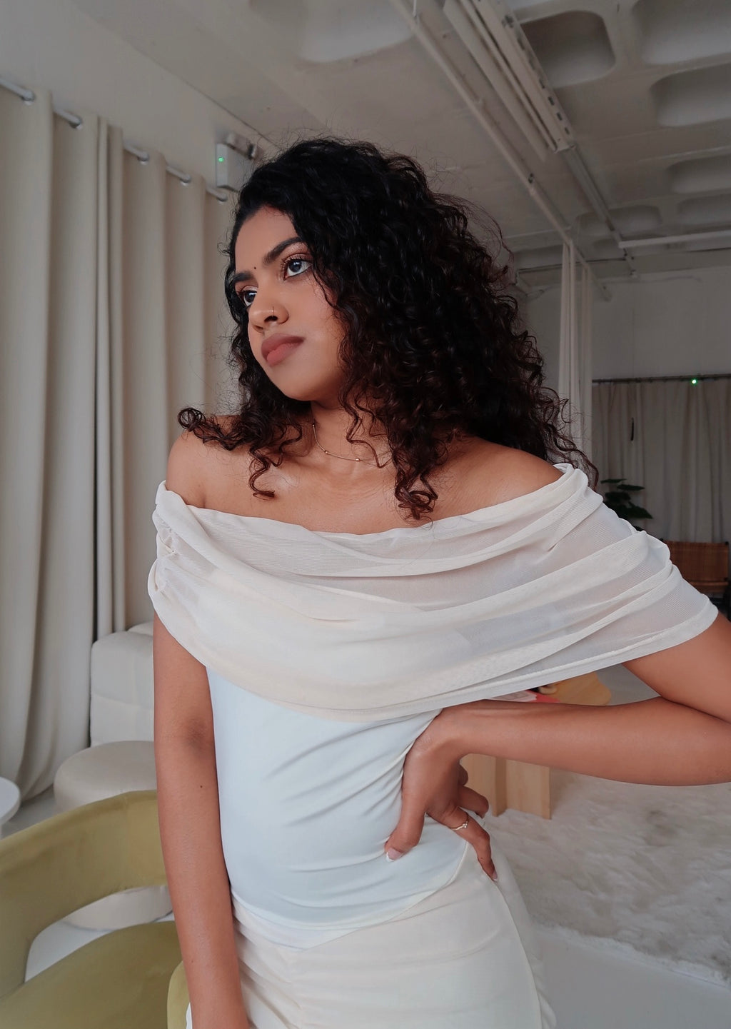 Sheer Mesh Evening Cream Dress
