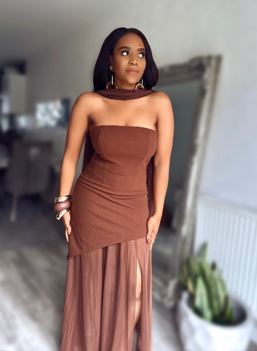 Chocolate Brown Sheer Mesh Evening Dress
