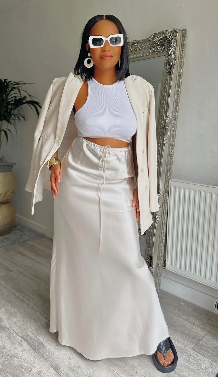Drawstring High Waisted Silk Long Skirt CREAM