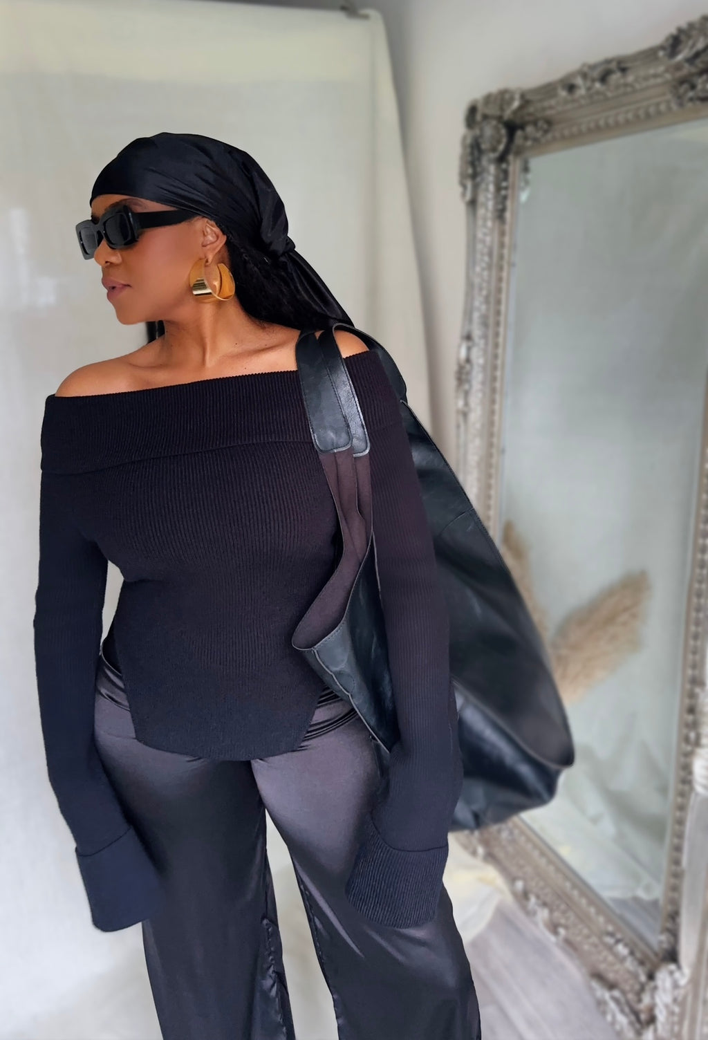 Ribbed Knit Off Shoulder Super Long Sleeves