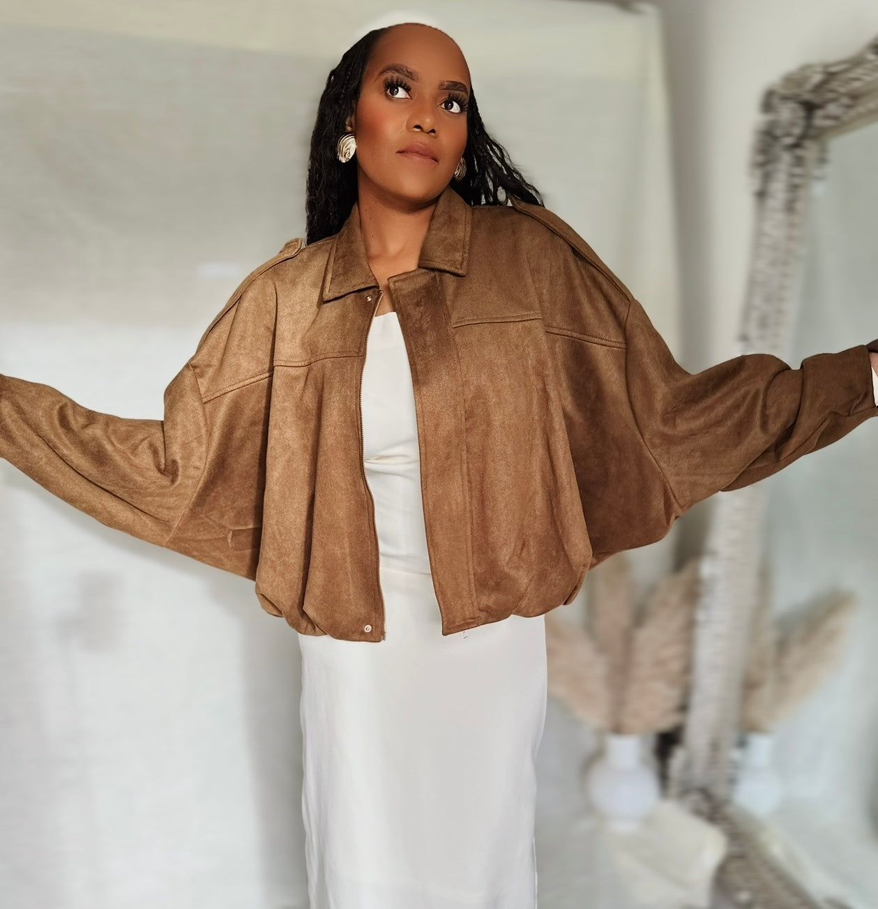 TAN/ BROWN BOMBER JACKET (SUEDE FEEL) Oversized