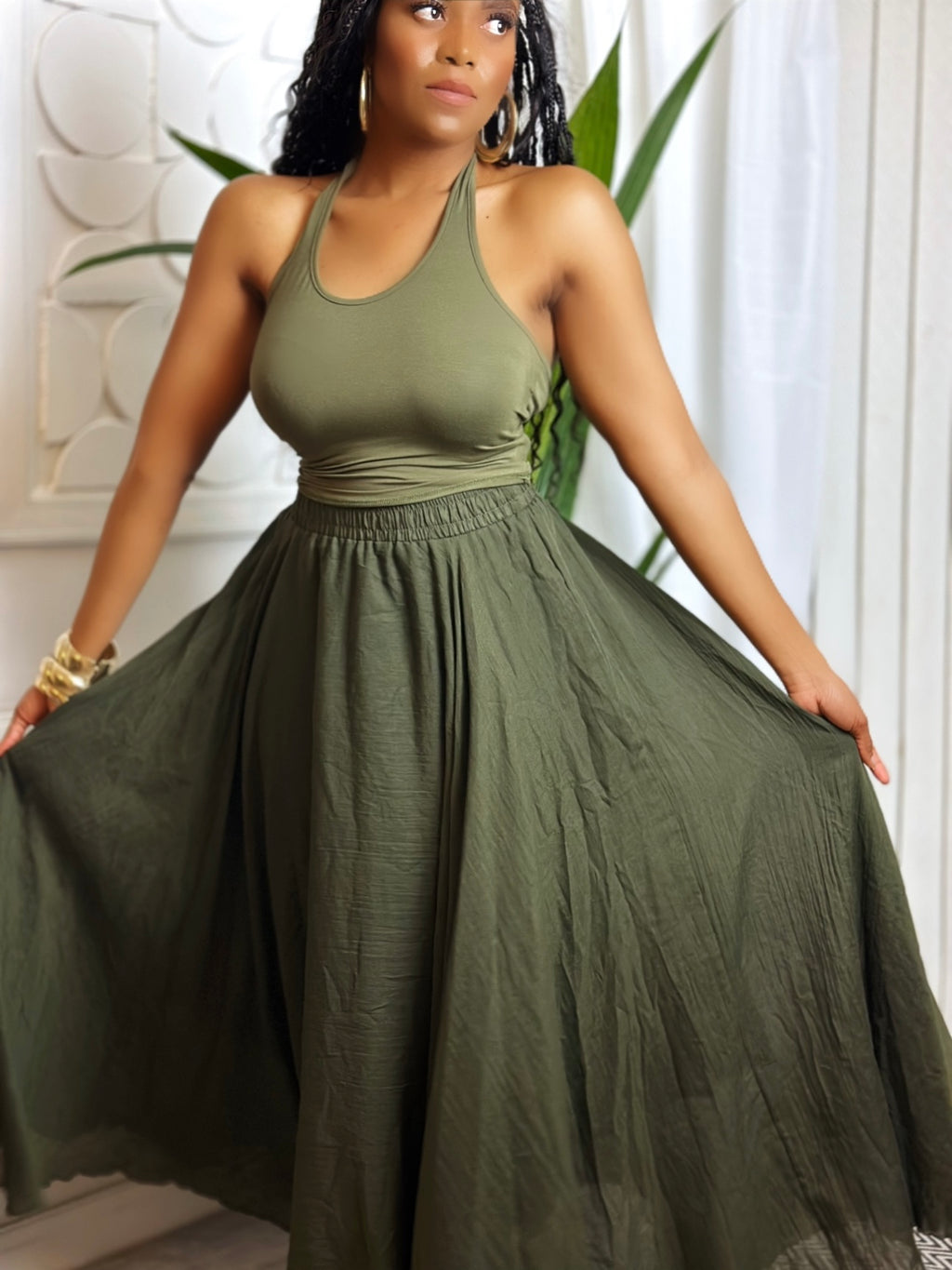 Olive Green Cotton Maxi Skirt