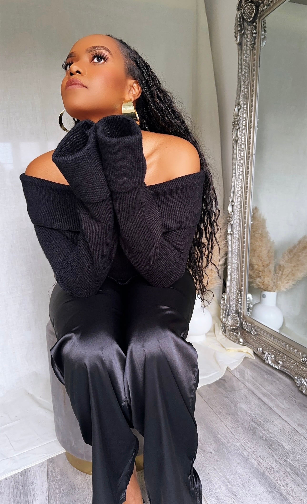 Ribbed Knit Off Shoulder Super Long Sleeves