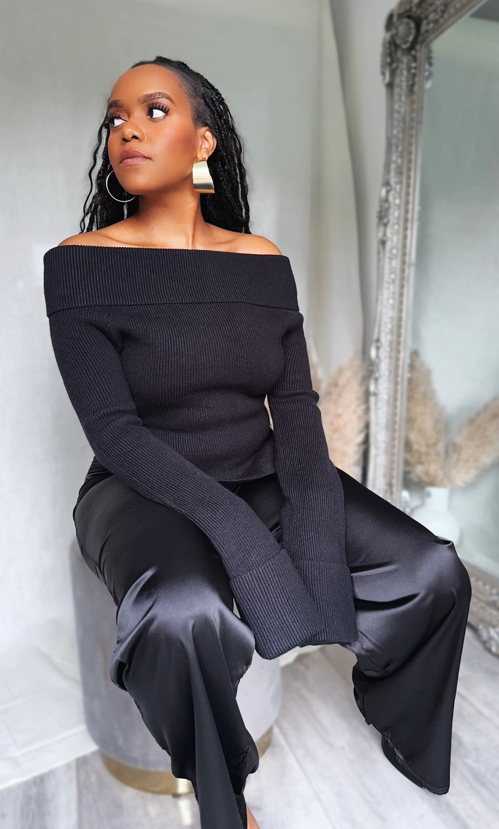 Ribbed Knit Off Shoulder Super Long Sleeves