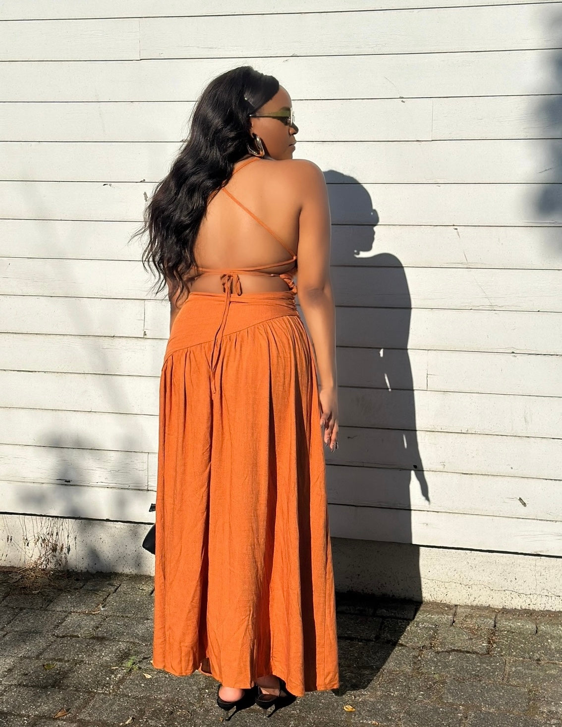 Asymmetrical Neckline Backless Maxi Dress With Cut Out Design