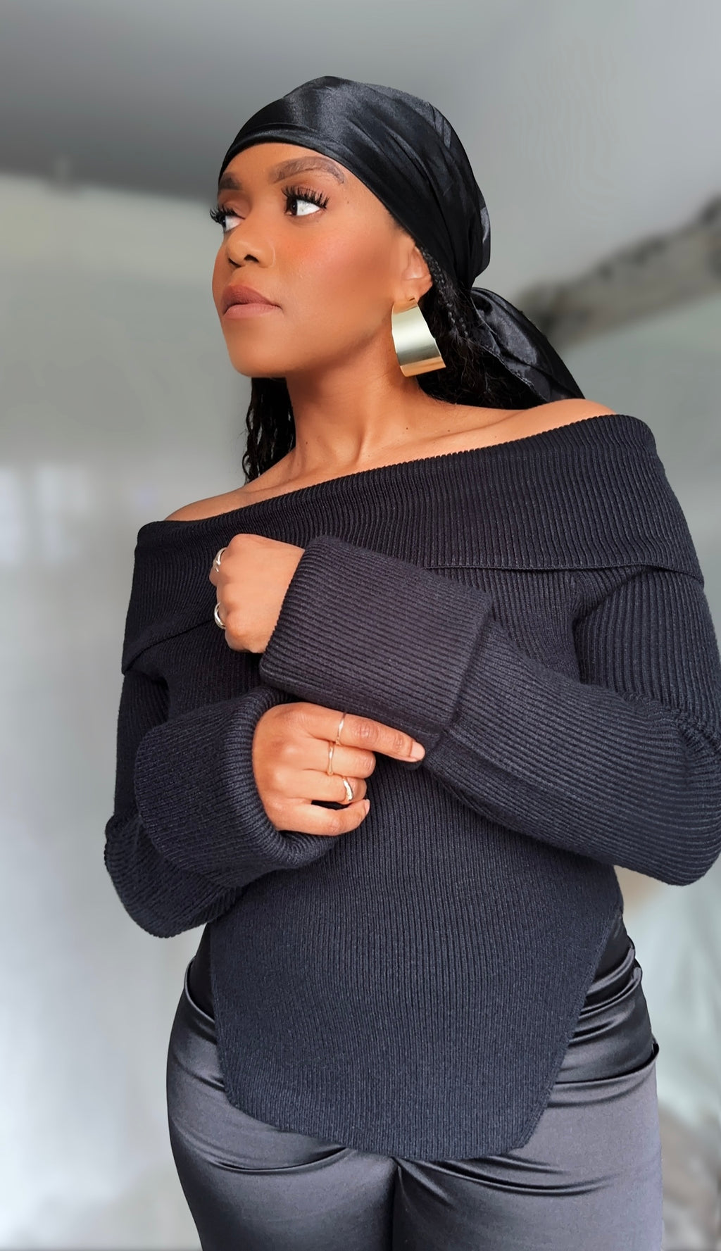 Ribbed Knit Off Shoulder Super Long Sleeves