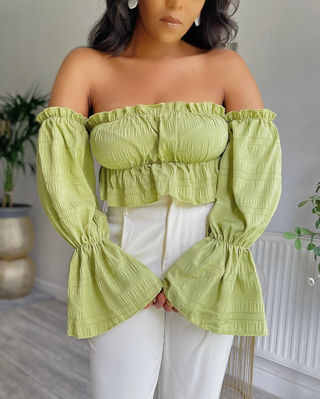 Off the shoulder Ruffle Hem crop top
