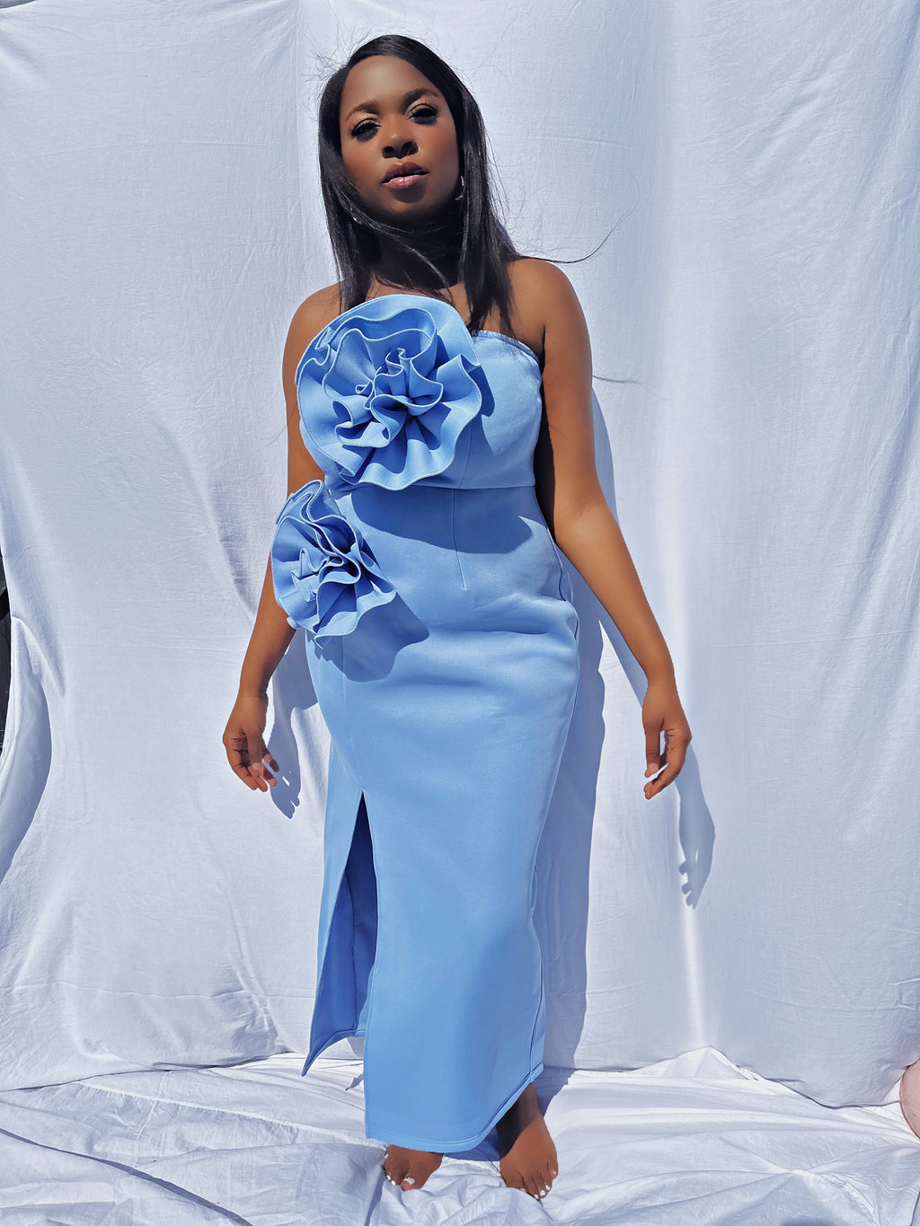 Strapless 3D Flowers Formal/Occasion Dress With Long Slit