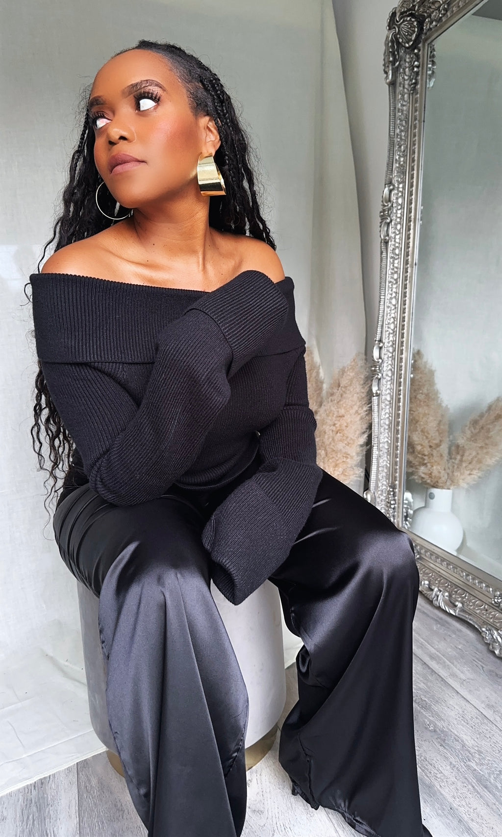 Ribbed Knit Off Shoulder Super Long Sleeves