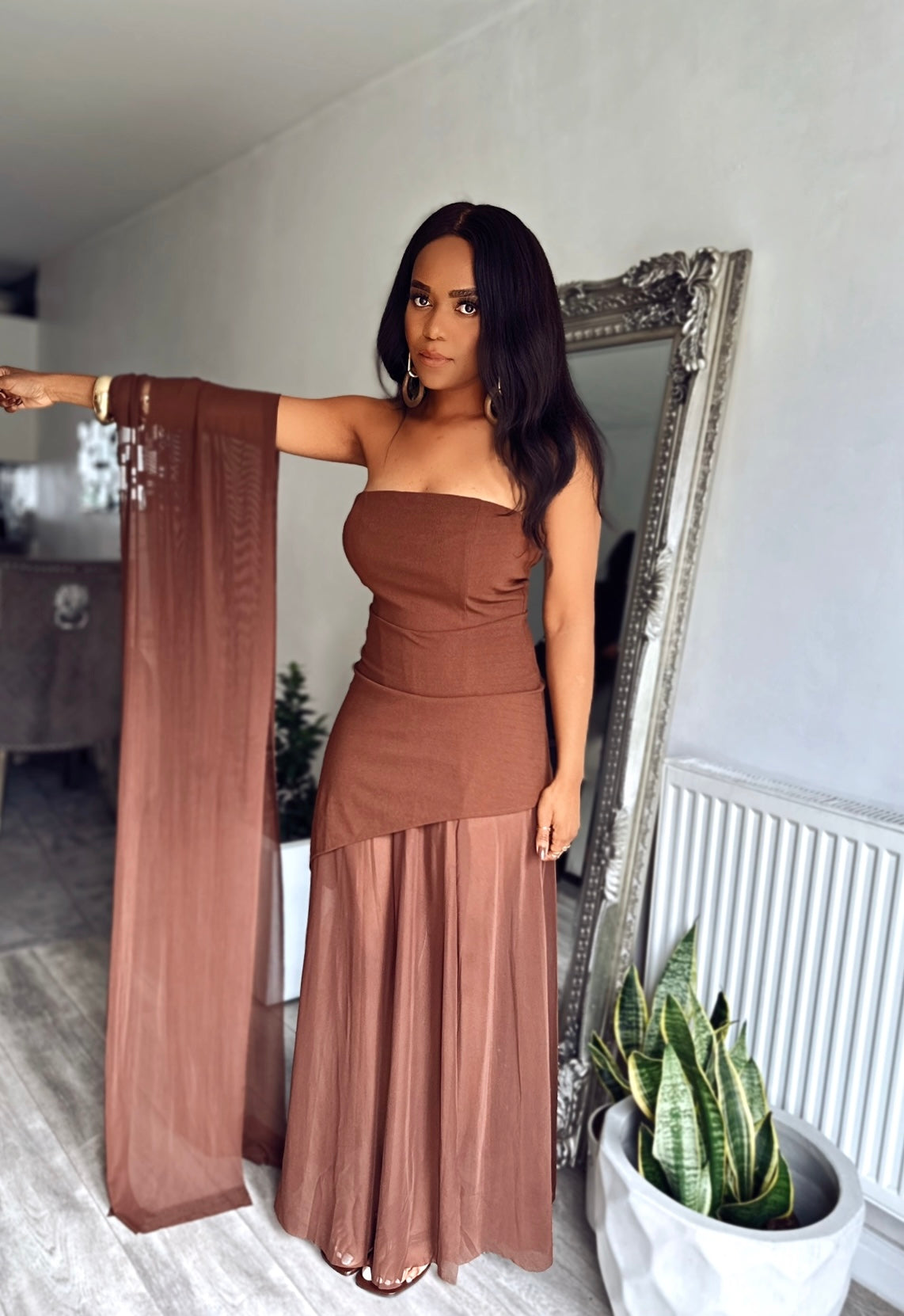Chocolate Brown Sheer Mesh Evening Dress