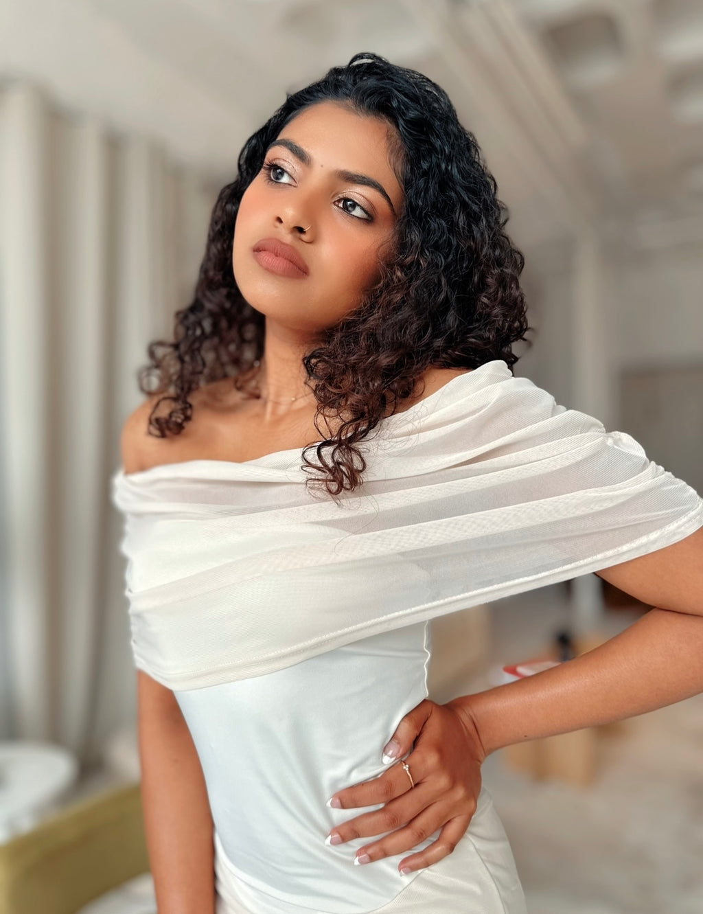 Sheer Mesh Evening Cream Dress