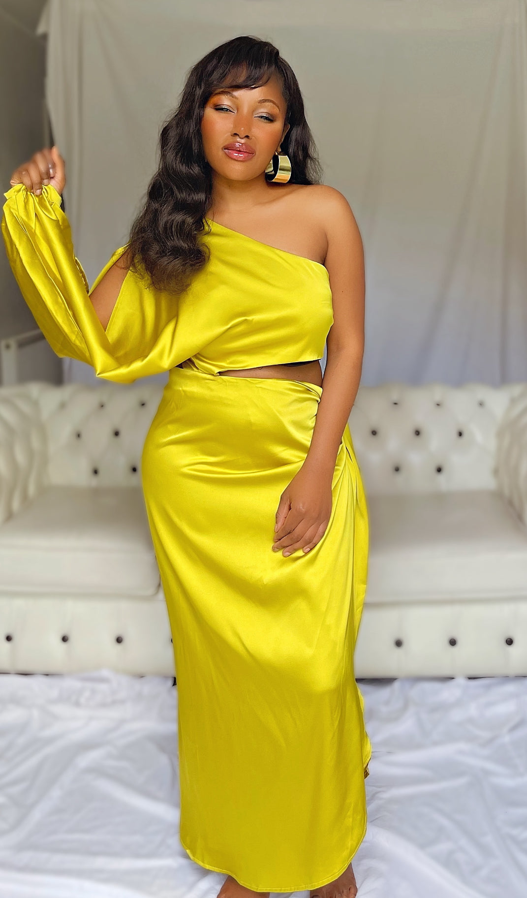 Asymmetrical Satin Cut-Out Mustard Yellow Wrap Dress
