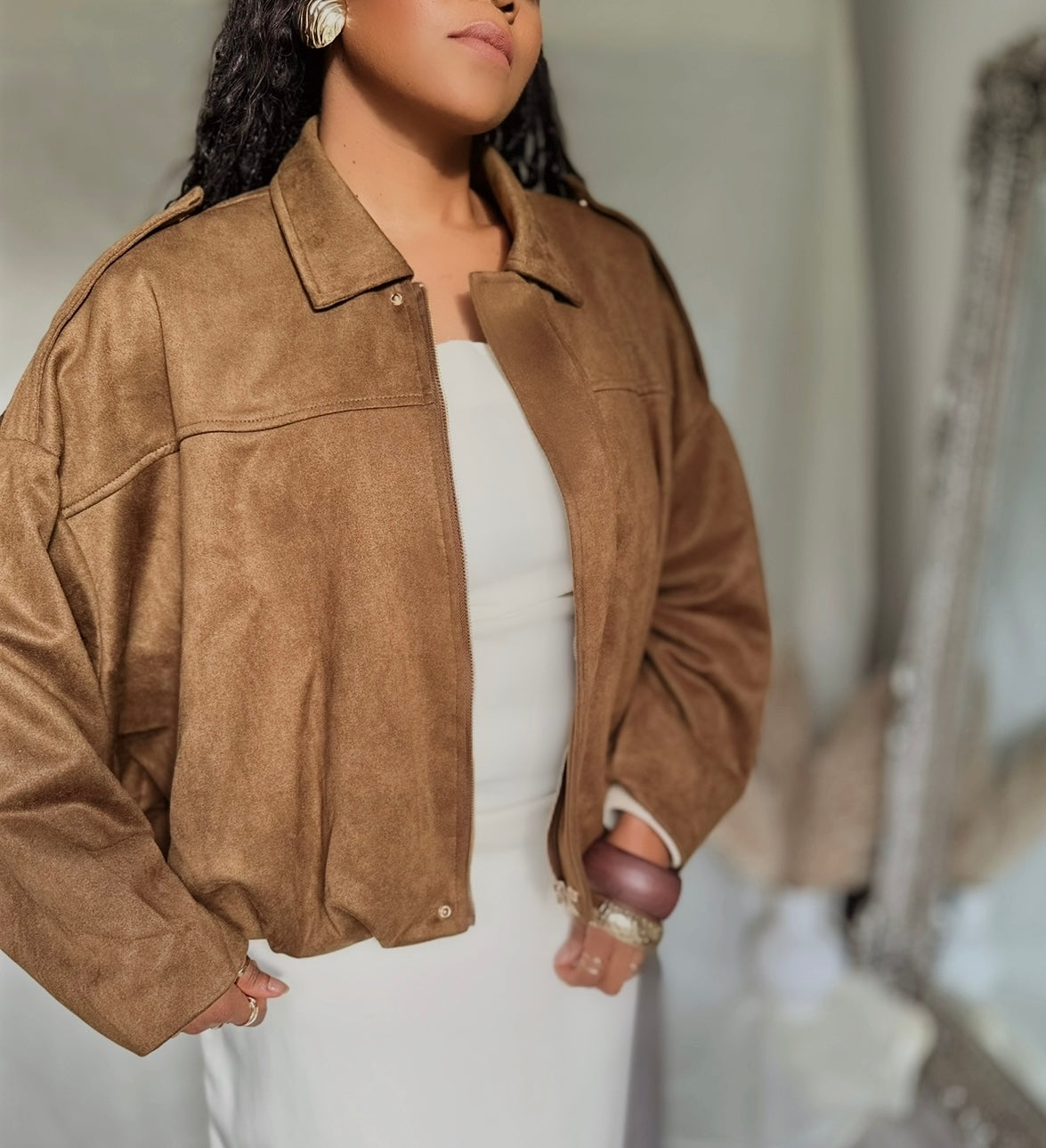 TAN/ BROWN BOMBER JACKET (SUEDE FEEL) Oversized