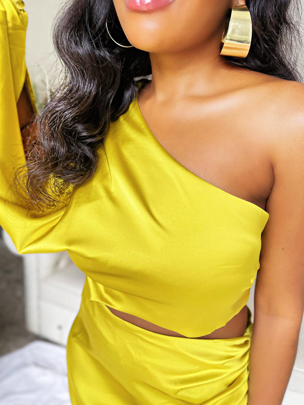Asymmetrical Satin Cut-Out Mustard Yellow Wrap Dress