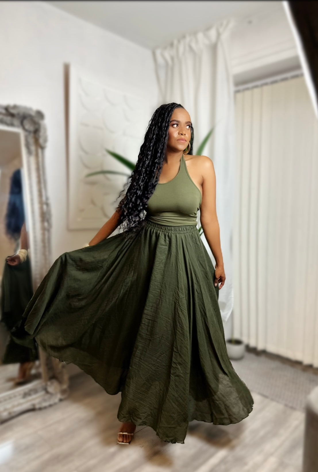 Olive Green Cotton Maxi Skirt