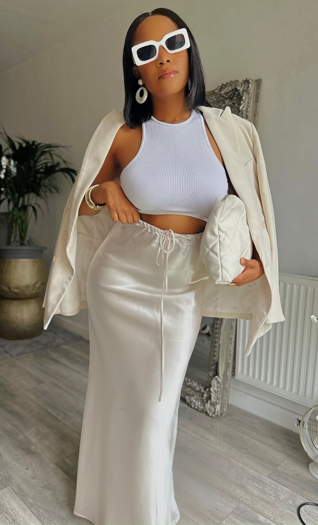 Drawstring High Waisted Silk Long Skirt CREAM