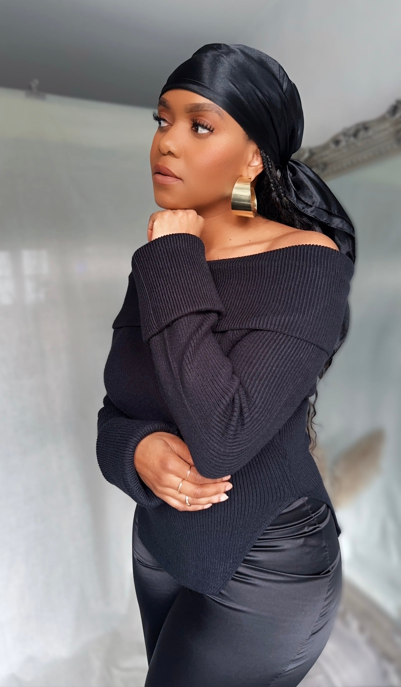 Ribbed Knit Off Shoulder Super Long Sleeves