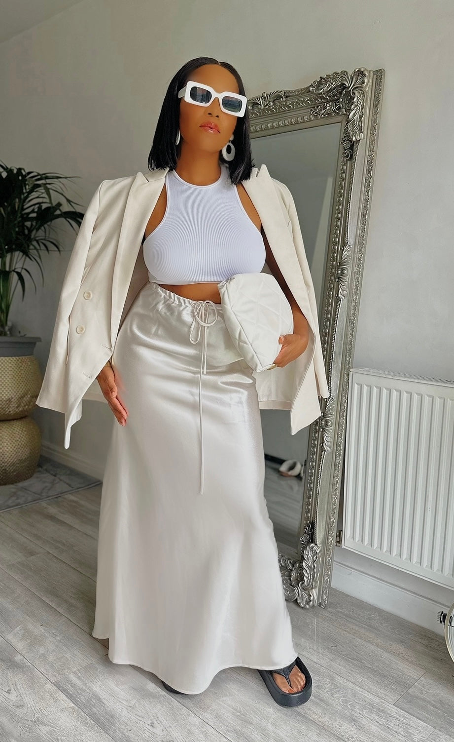 Drawstring High Waisted Silk Long Skirt CREAM