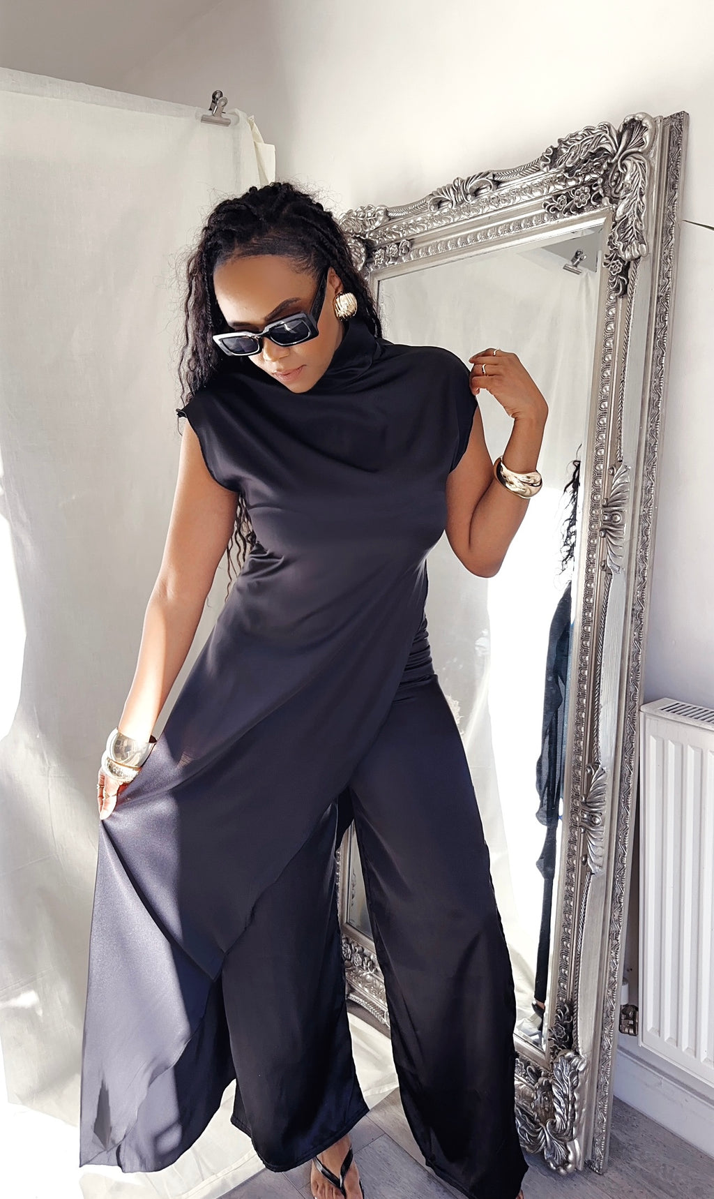 Asymmetrical Satin/Silk Blouse Half High Satin Sleeveless Top Diagonal Cut Draped Top