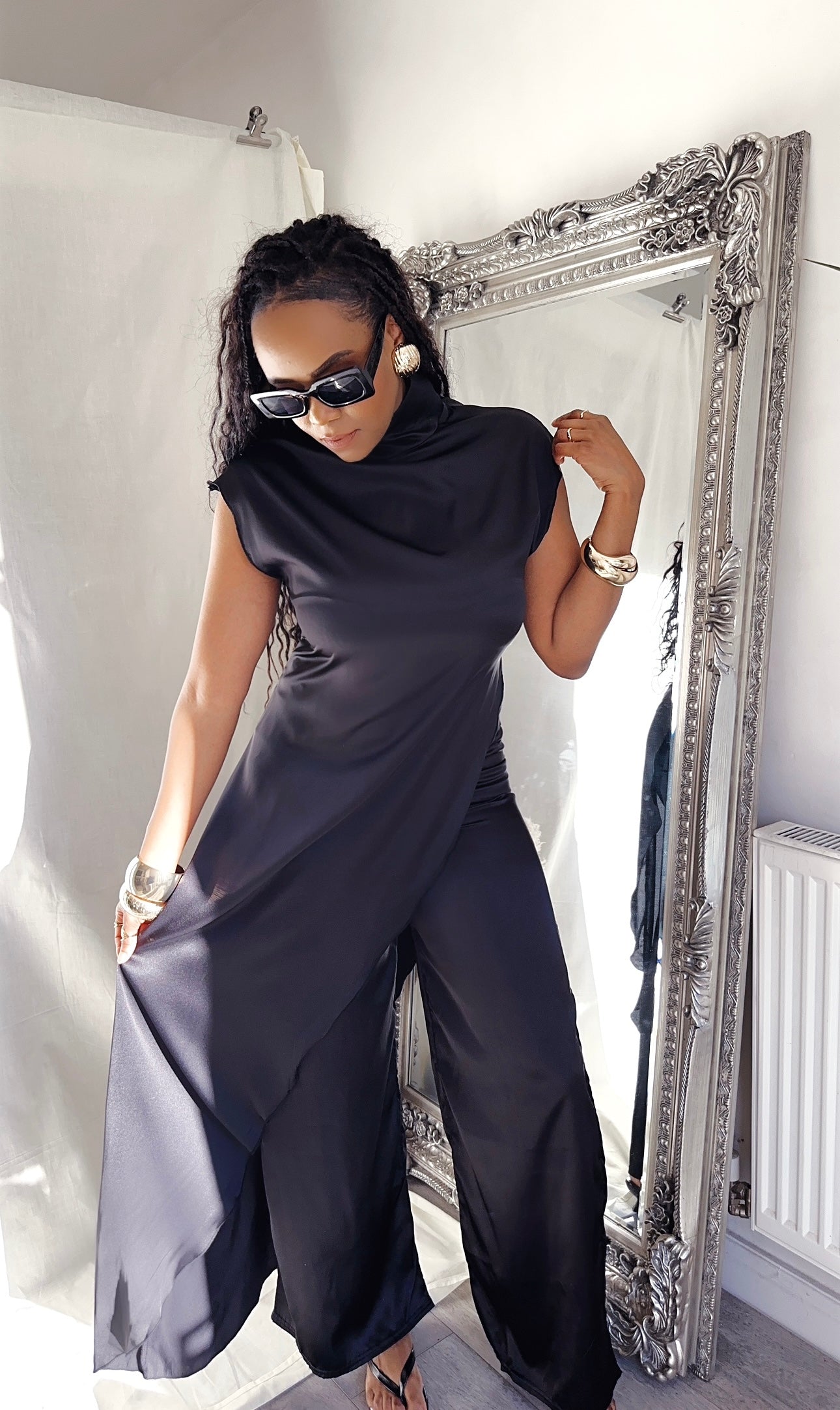 Asymmetrical Satin/Silk Blouse Half High Satin Sleeveless Top Diagonal Cut Draped Top