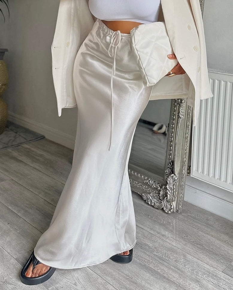 Drawstring High Waisted Silk Long Skirt CREAM