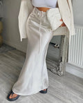 Drawstring High Waisted Silk Long Skirt CREAM