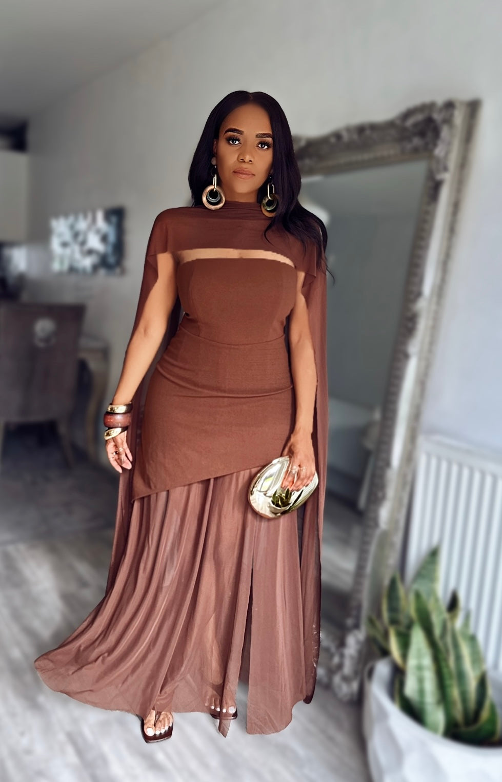 Chocolate Brown Sheer Mesh Evening Dress