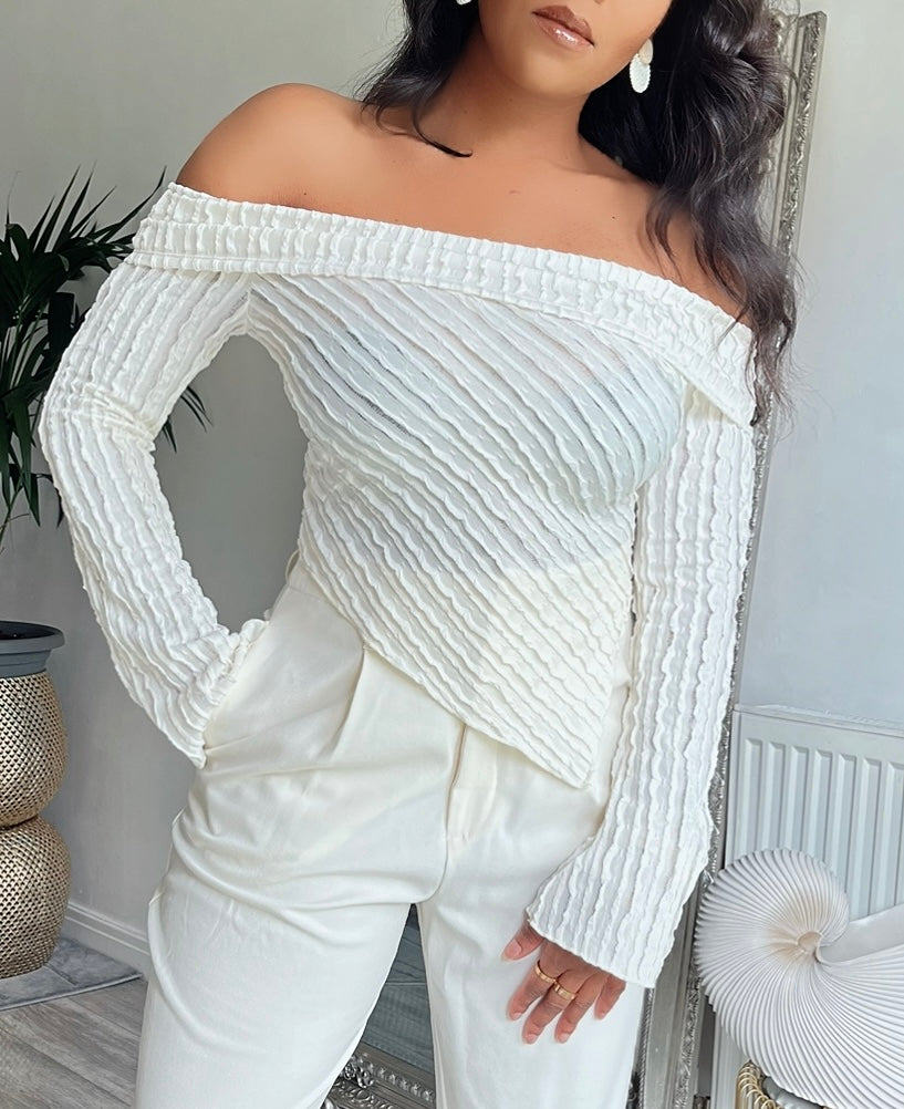 OFF The Shoulders Textured Long Sleeve Top Asymmetrical Hem