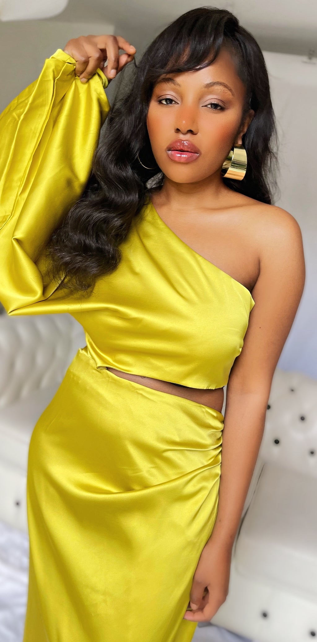 Asymmetrical Satin Cut-Out Mustard Yellow Wrap Dress