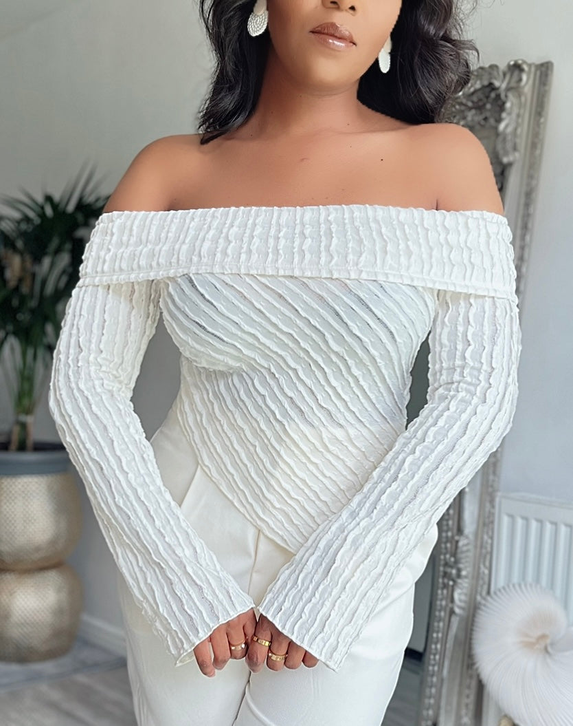 OFF The Shoulders Textured Long Sleeve Top Asymmetrical Hem