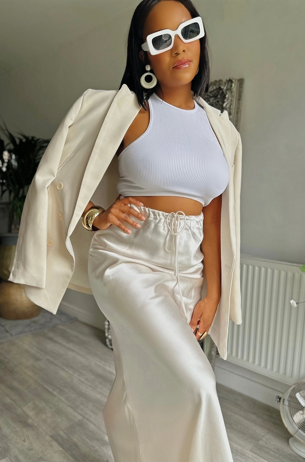 Drawstring High Waisted Silk Long Skirt CREAM