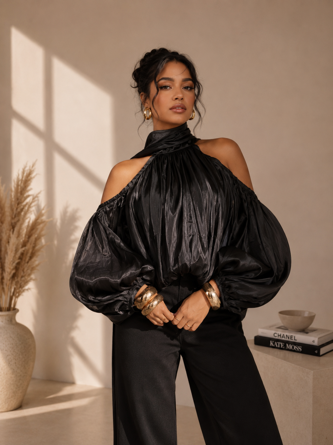 An Open Shoulders Blouse With Neck Scarf
