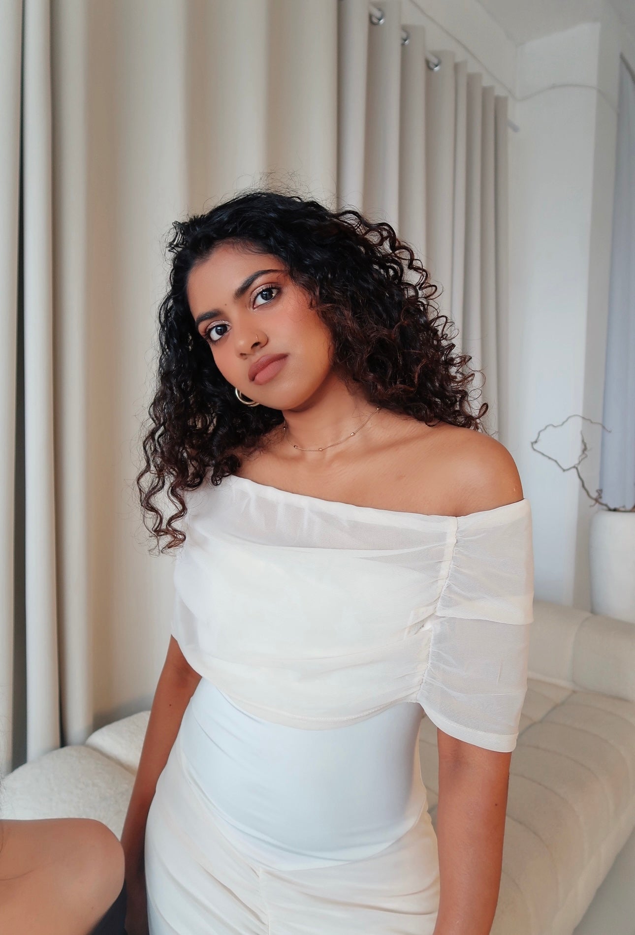 Sheer Mesh Evening Cream Dress