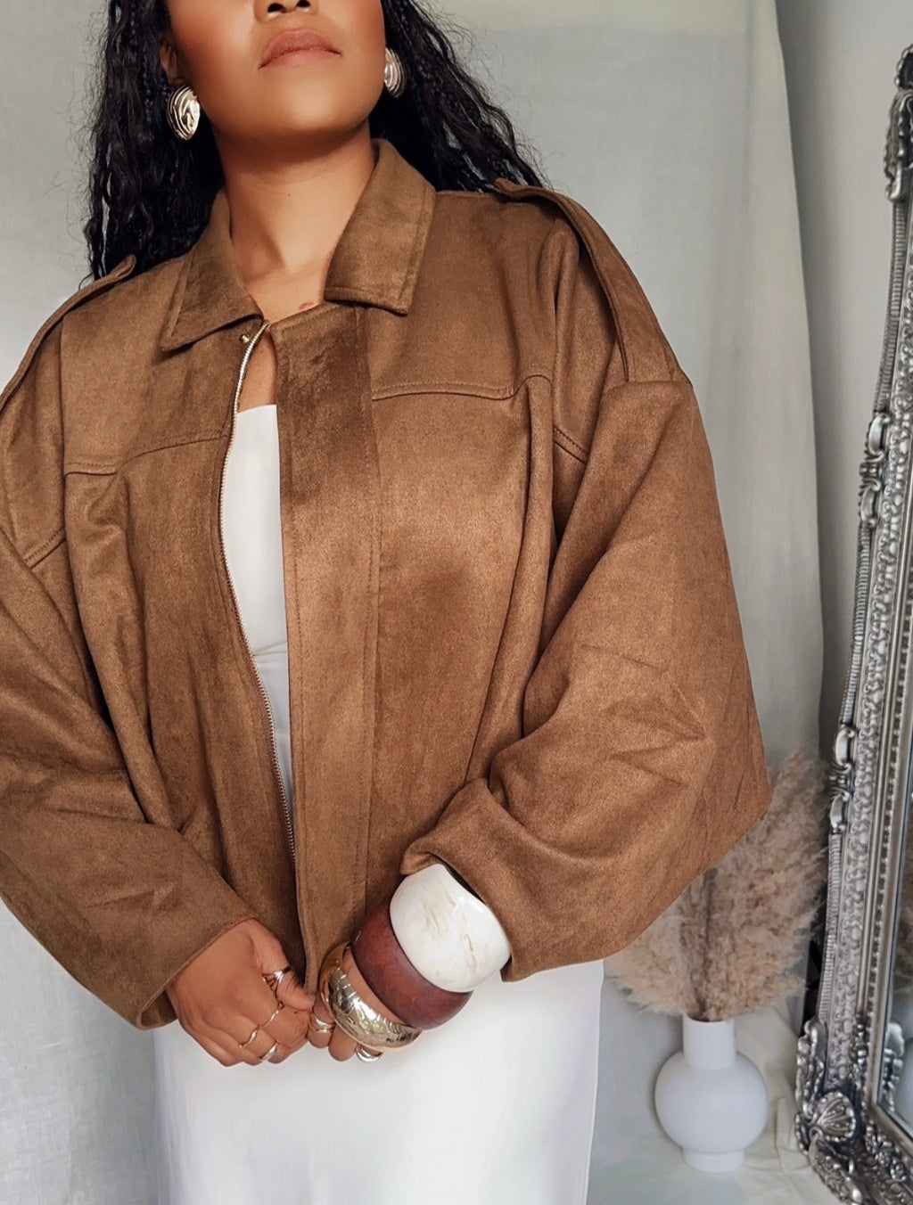 TAN/ BROWN BOMBER JACKET (SUEDE FEEL) Oversized