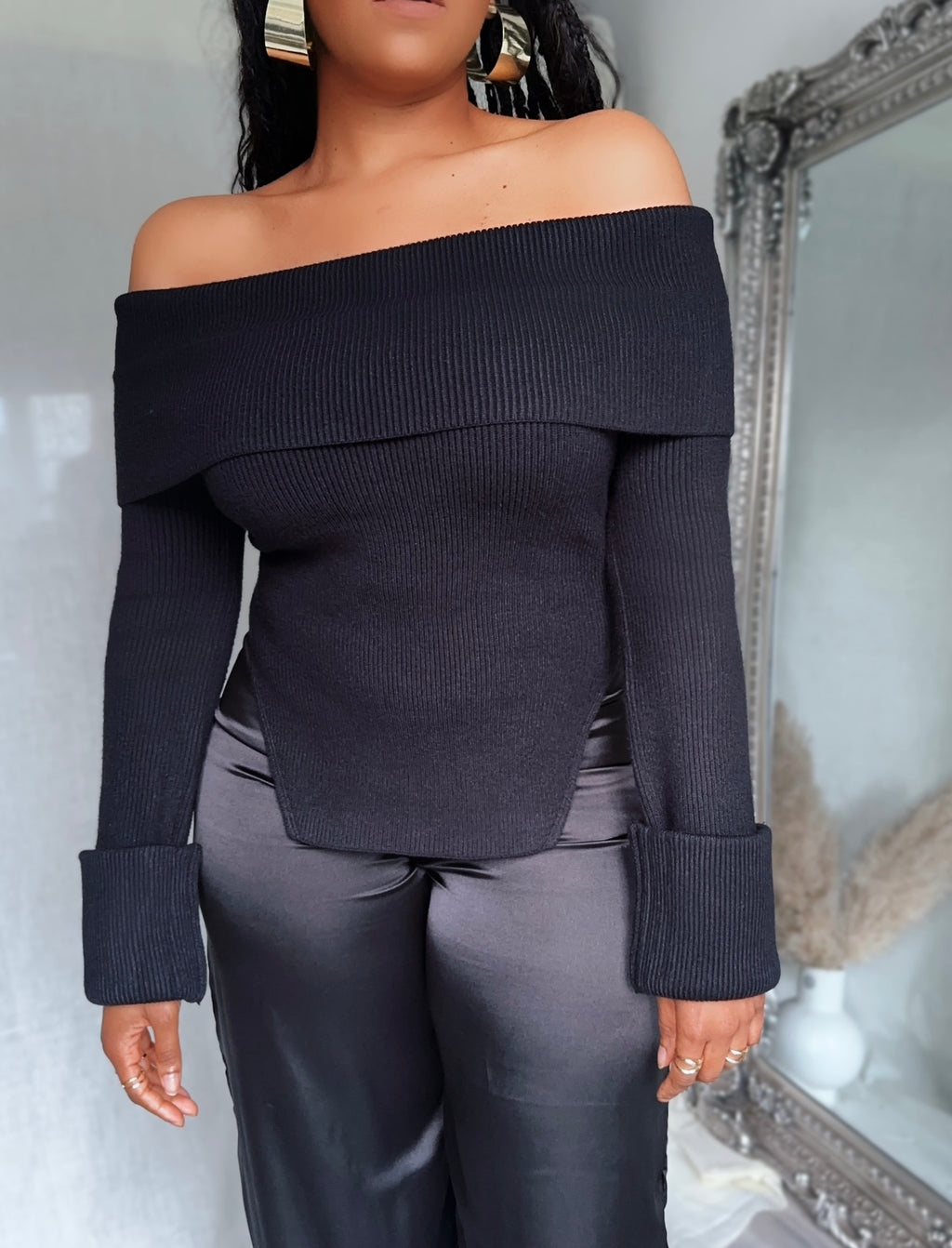 Ribbed Knit Off Shoulder Super Long Sleeves
