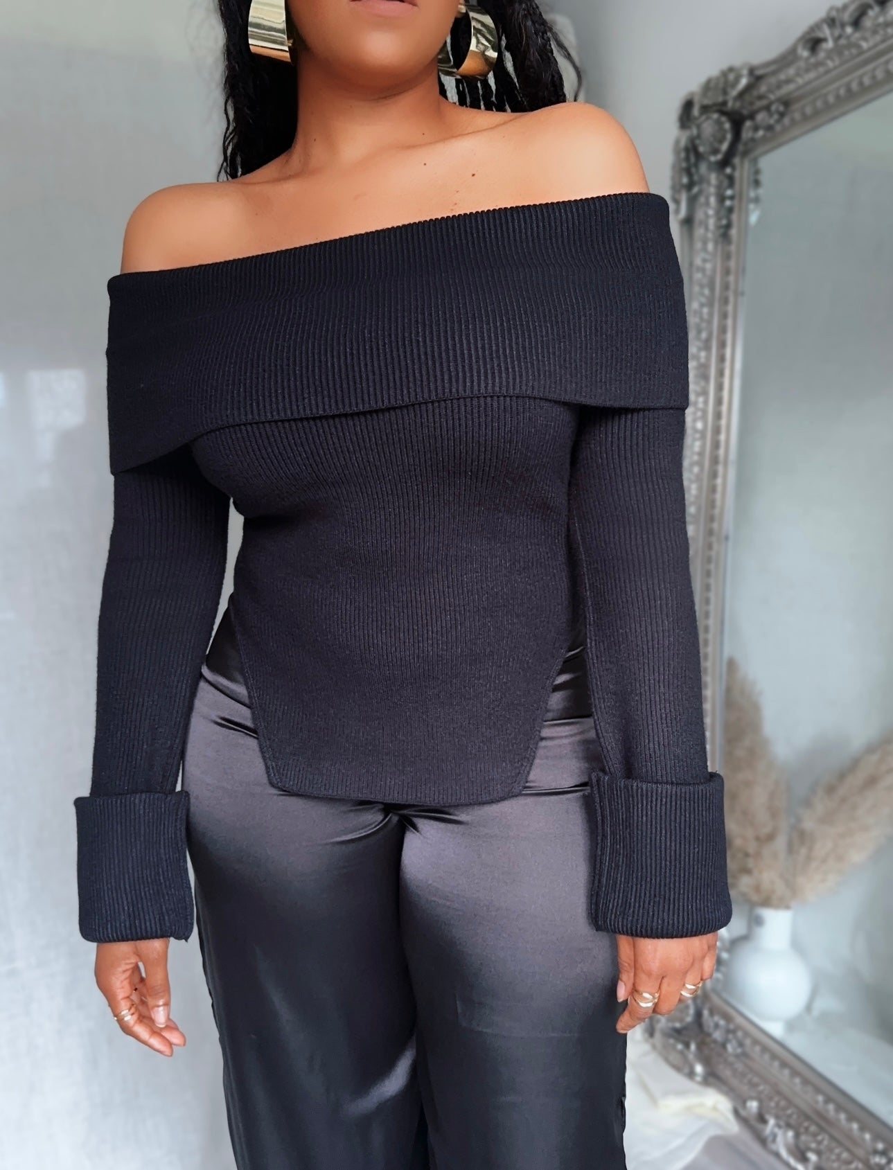 Ribbed Knit Off Shoulder Super Long Sleeves