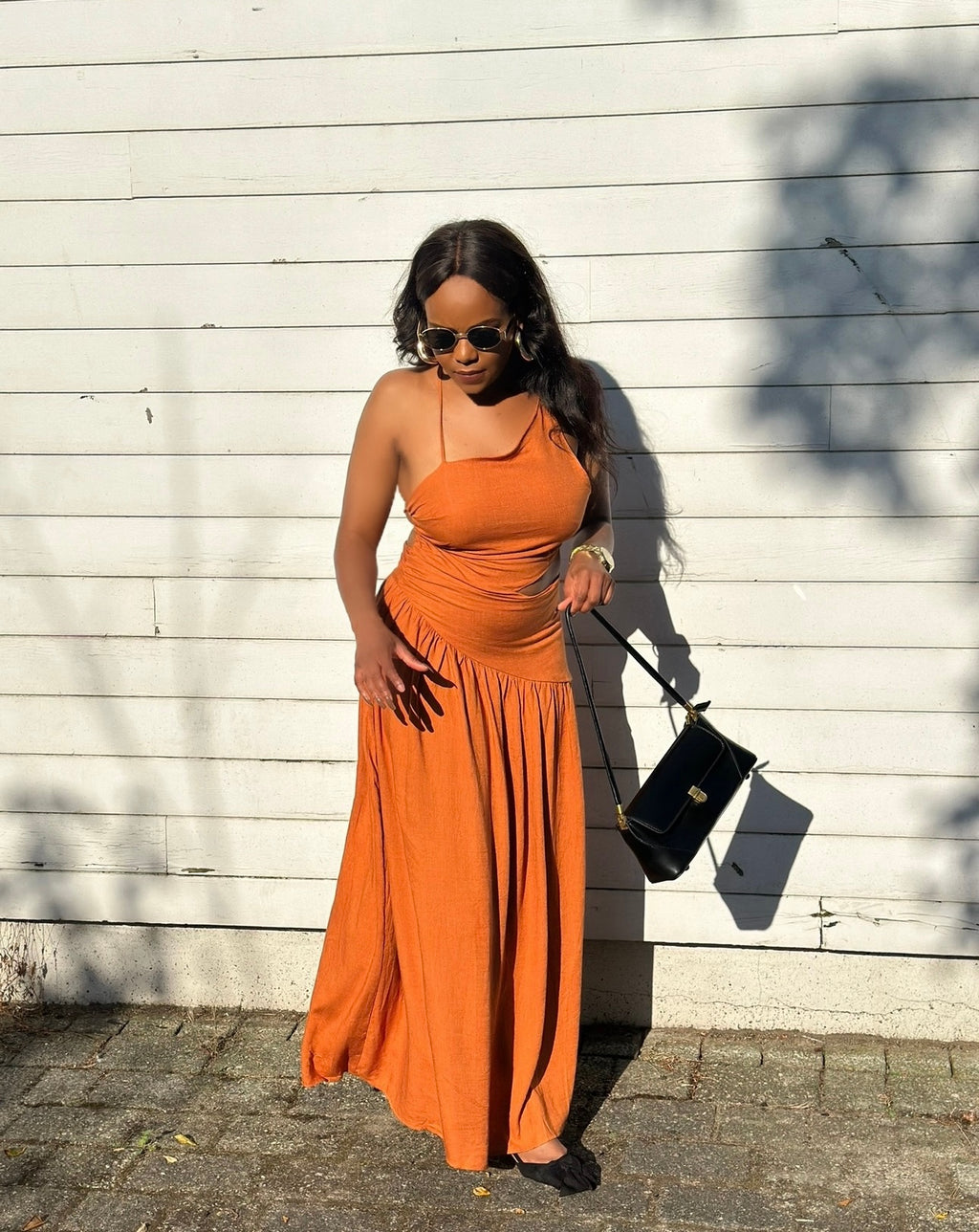 Asymmetrical Neckline Backless Maxi Dress With Cut Out Design
