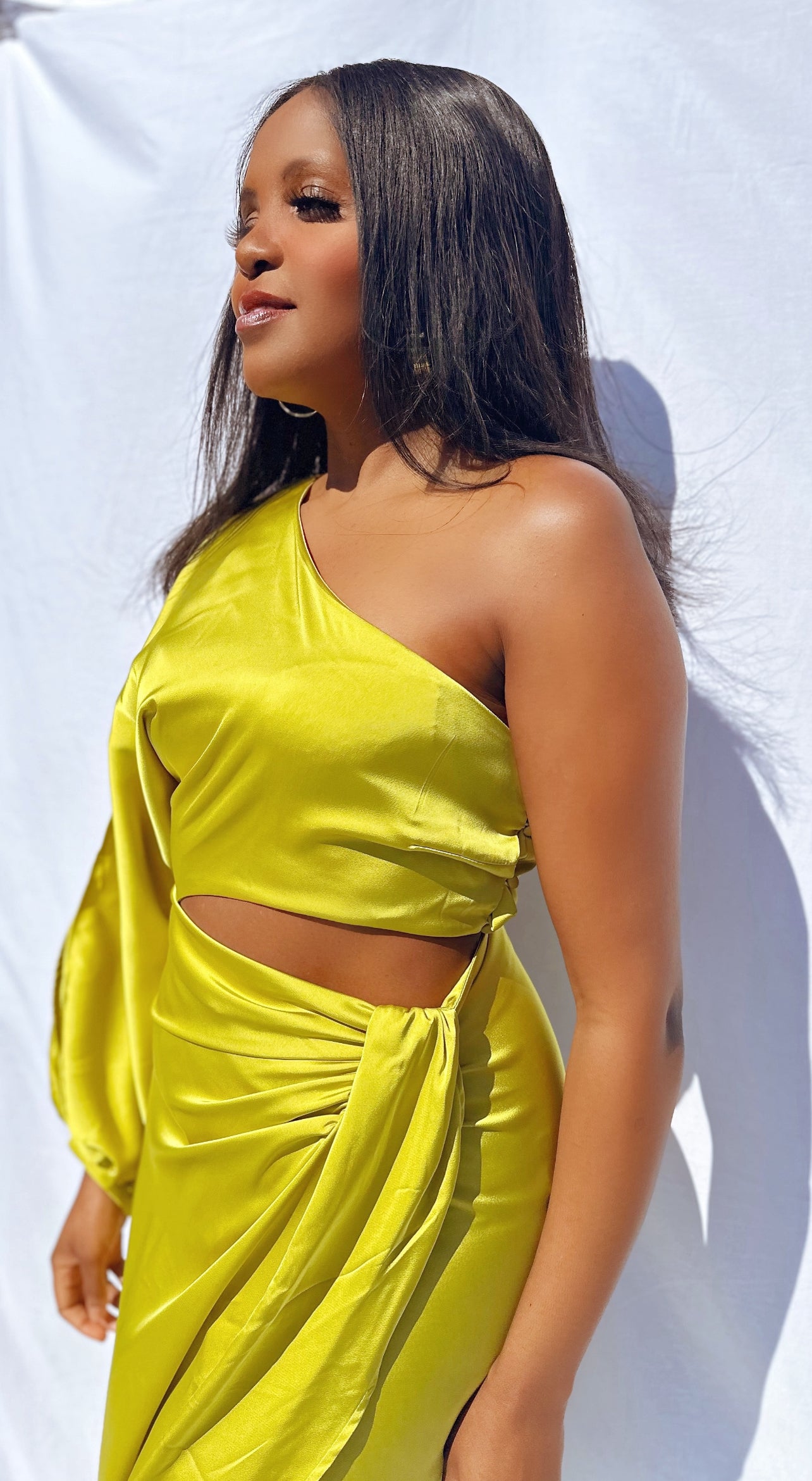 Asymmetrical Satin Cut-Out Mustard Yellow Wrap Dress - 8 Asymmetrical Satin Cut-Out Mustard Yellow Wrap Dress - 8