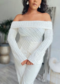 OFF The Shoulders Textured Long Sleeve Top Asymmetrical Hem