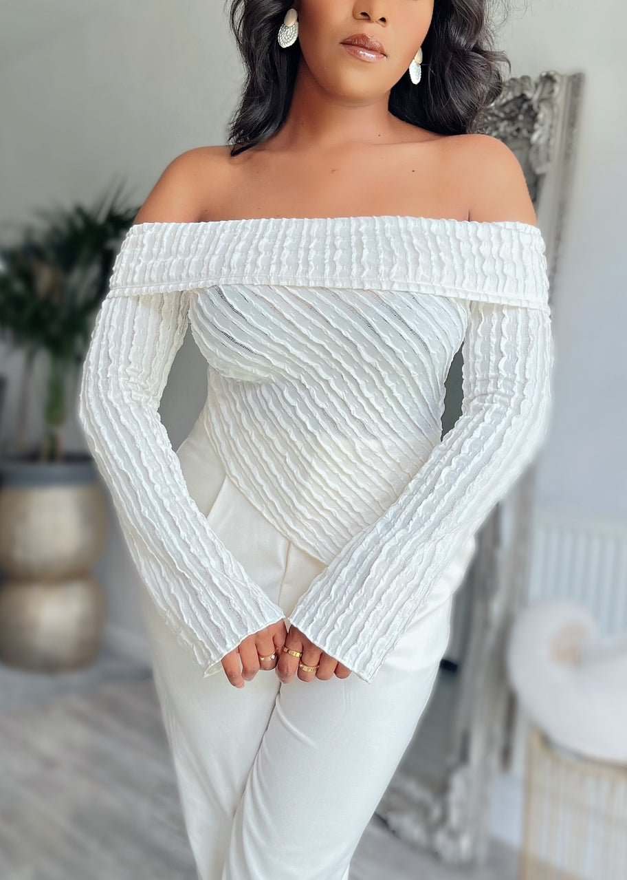 OFF The Shoulders Textured Long Sleeve Top Asymmetrical Hem