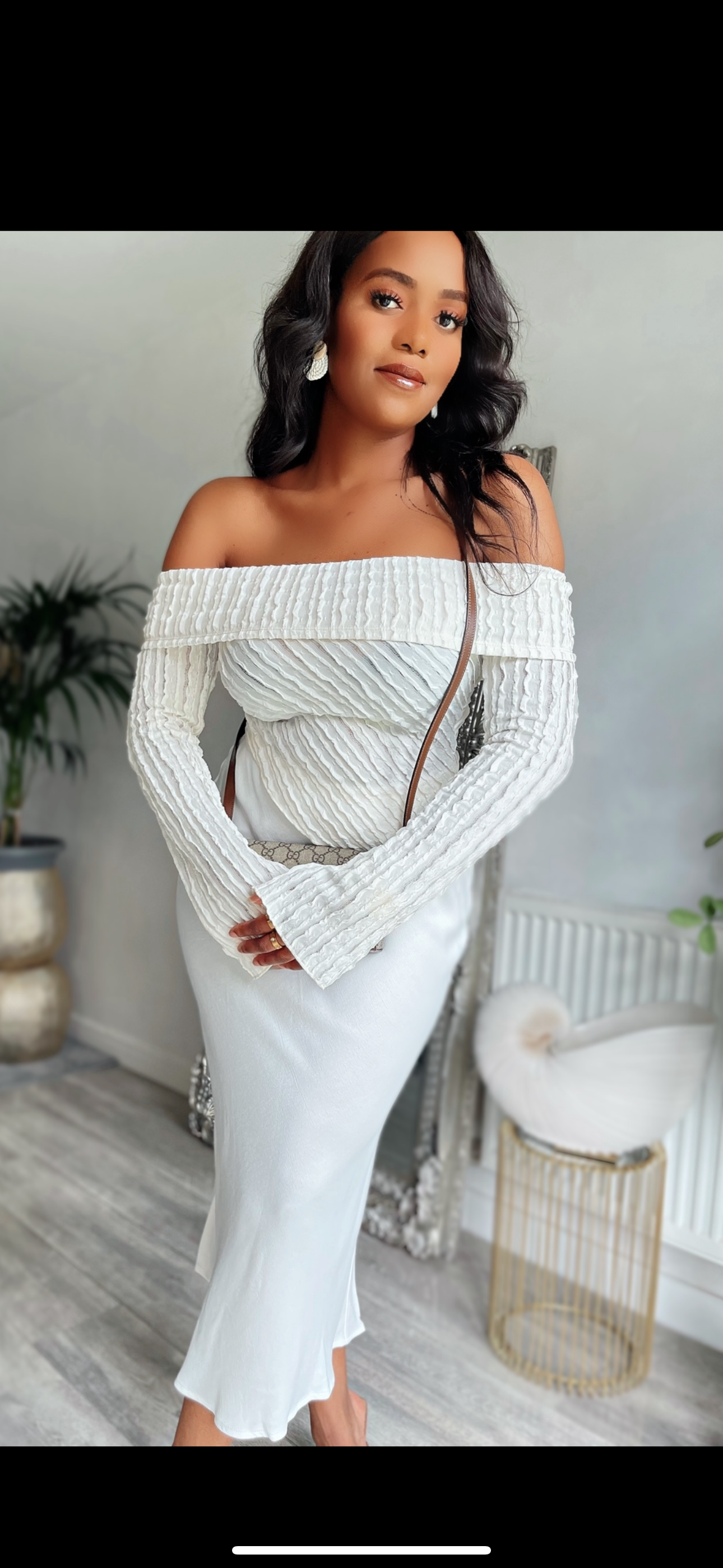OFF The Shoulders Textured Long Sleeve Top Asymmetrical Hem
