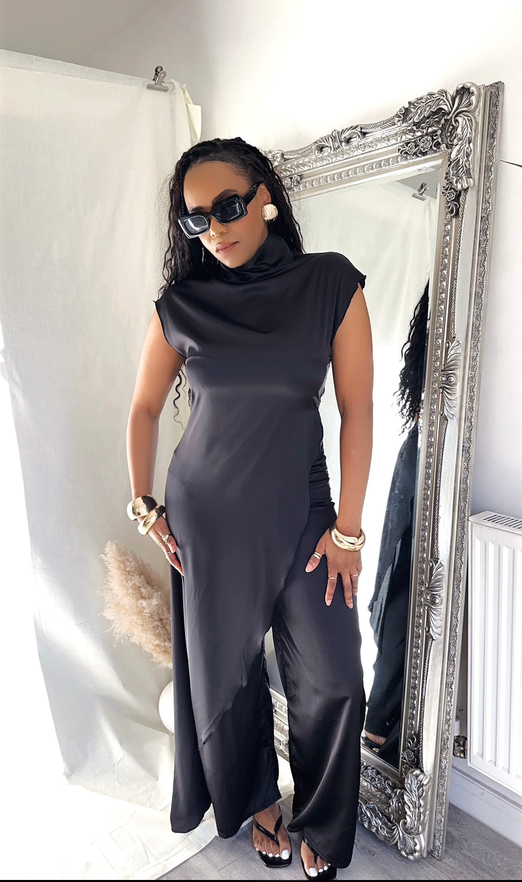 Asymmetrical Satin/Silk Blouse Half High Satin Sleeveless Top Diagonal Cut Draped Top
