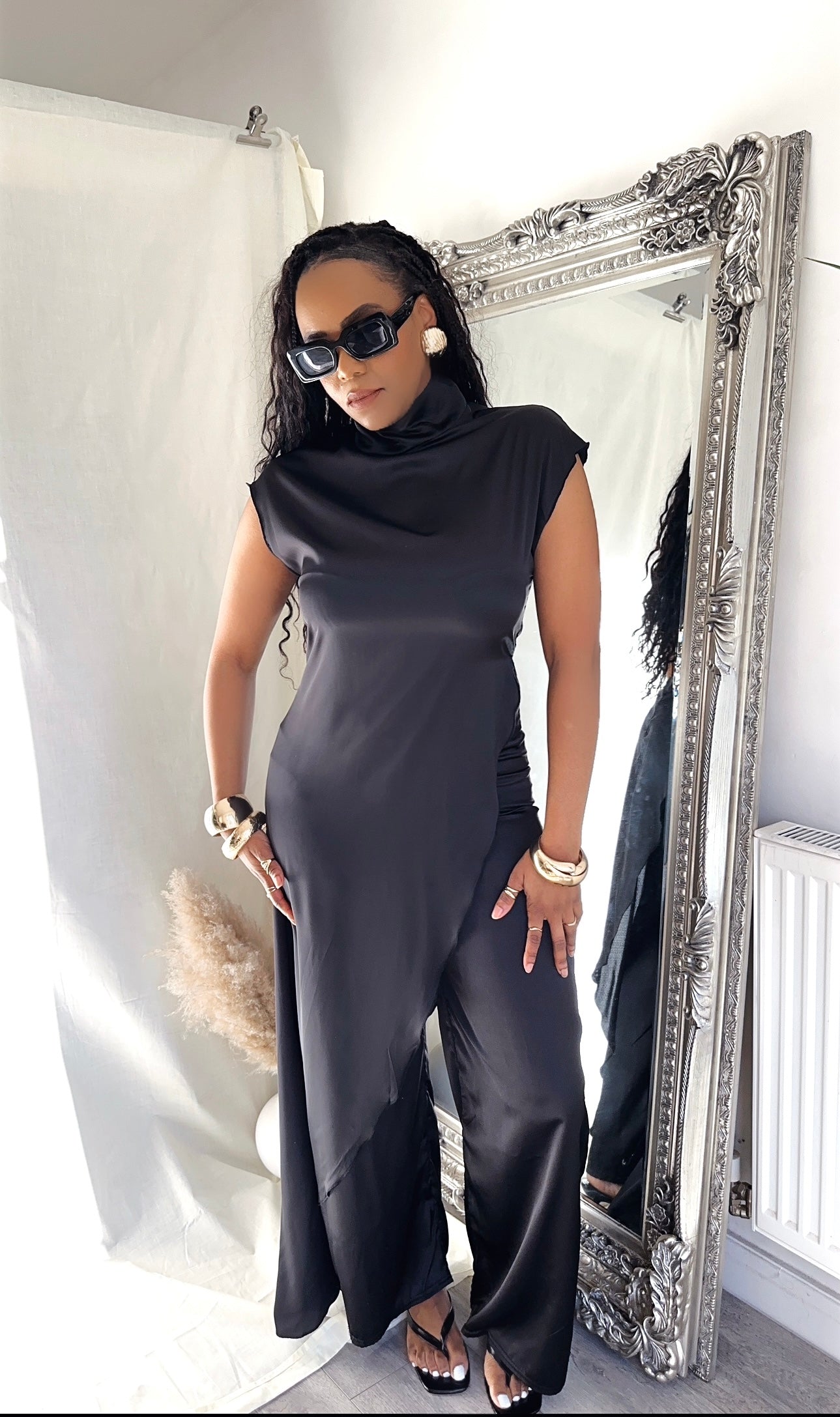 Asymmetrical Satin/Silk Blouse Half High Satin Sleeveless Top Diagonal Cut Draped Top