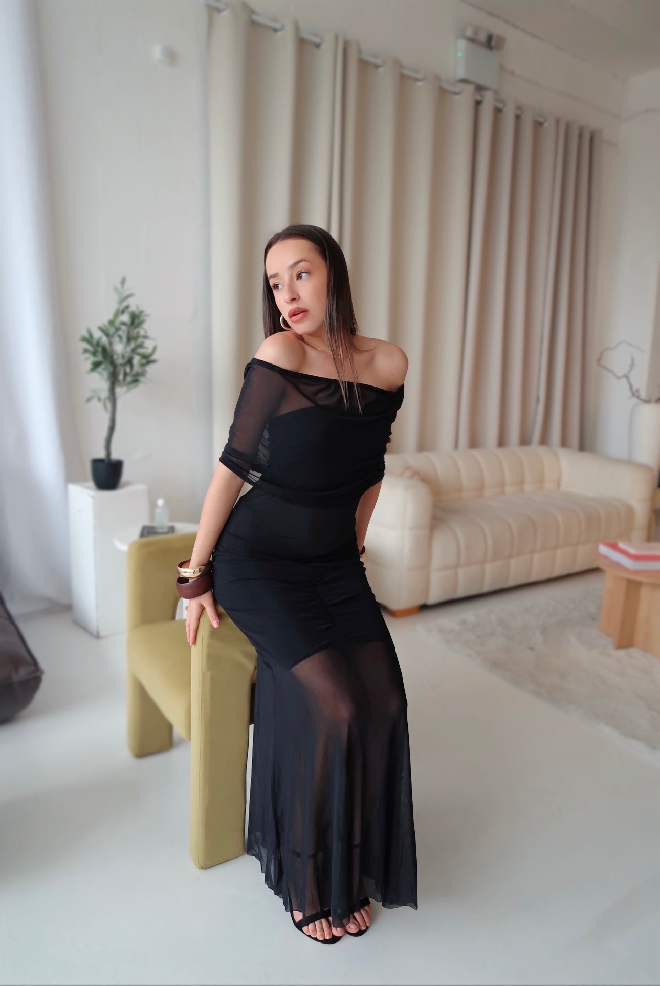 Black Sheer Mesh Evening Dress